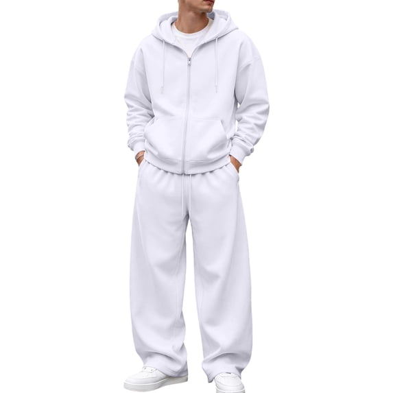 DORKASM Men's Full Zip Hooded Sweatshirt and Casual Athletic Jogger Tracksuit Set White M