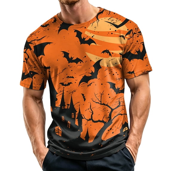 DORKASM Men's Halloween Costumes Crew Neck Spooky Fashion Pullover Short Sleeve Ghost Graphic Funny Print Vacation T-Shirt Skeleton Fall Winter Basic Tops Orange 2XL