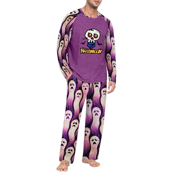 DORKASM Men's Halloween Pajamas Sets 2 Piece Long Sleeve Loungewear | Breathable Pj Shirts & Soft Cozy Halloween Pajama Pants with PocketsPumpkin Graphic Sleepwear Purple XL