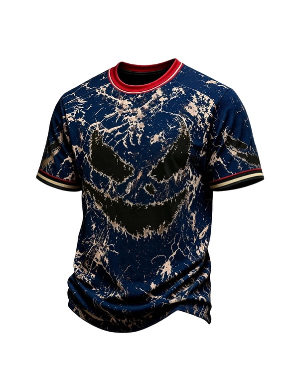 Men's Halloween Shirts Crew Neck Loose Fit Funny Print Tshirt Short Sleeve Spider Bat Comfy Shirt Ghost Casual Skull Shirts Dark Blue M