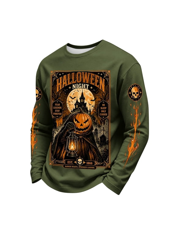 Men's Halloween Shirts Long Sleeve Crew Neck Skeleton Funny Print Fashion Pullover Spider Web Trendy Bat Pumpkin Comfy Shirt Army Green S