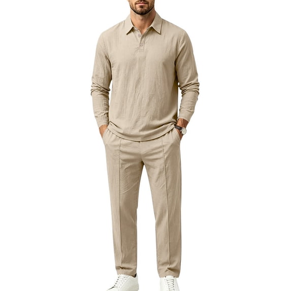 DORKASM Men's Linen 2 Piece Set Long Sleeve Shirt Pants Outfit Khaki M