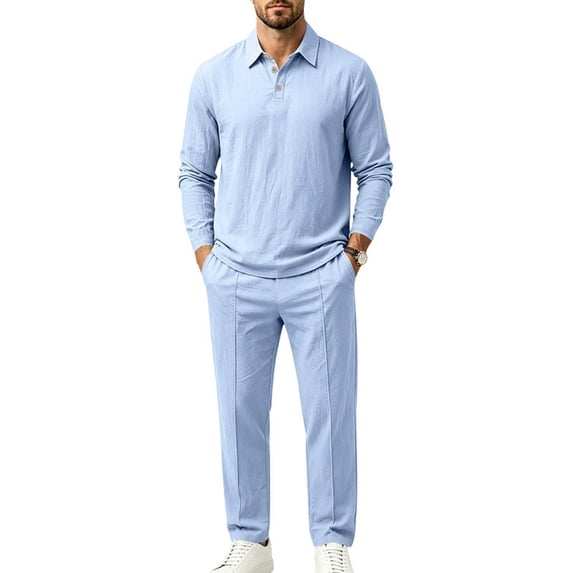 DORKASM Men's Linen 2 Piece Set Long Sleeve Shirt Pants Outfit Light Blue M