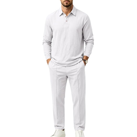 DORKASM Men's Linen 2 Piece Set Long Sleeve Shirt Pants Outfit White L