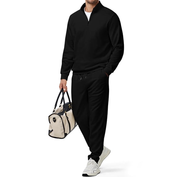 DORKASM Men's Quarter Zip Polo Tracksuit Lightweight Joggers 2 Piece Set Slight Stretch Quarter Zip Polo Collar Outfit Black L
