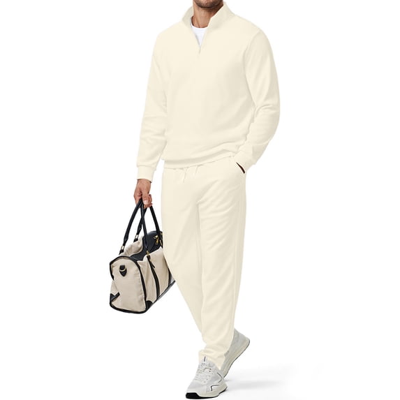 DORKASM Men's Quarter Zip Polo Tracksuit Lightweight Joggers 2 Piece Set Slight Stretch Quarter Zip Polo Collar Outfit Khaki 2XL