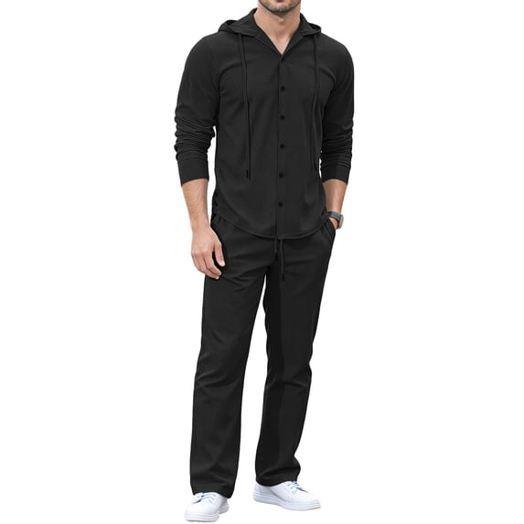 DORKASM Mens 2 Piece Sets Fall Outfits Linen Tracksuits Casual Button Down Long Sleeve Hoodie & Pant Set for Travel Lounge Black 2XL