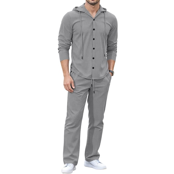 DORKASM Mens 2 Piece Sets Fall Outfits Linen Tracksuits Casual Button Down Long Sleeve Hoodie & Pant Set for Travel Lounge Gray 2XL