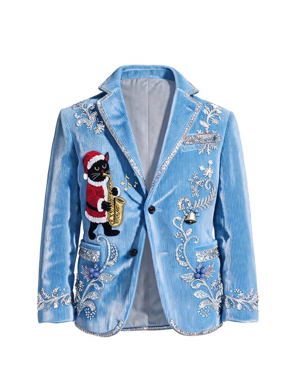 Mens Christmas Blazer Lapel Wreath Print Jackets Long Sleeve Ornament Print Coats Fall Winter Casual Snowflake Print Jacket Blue L