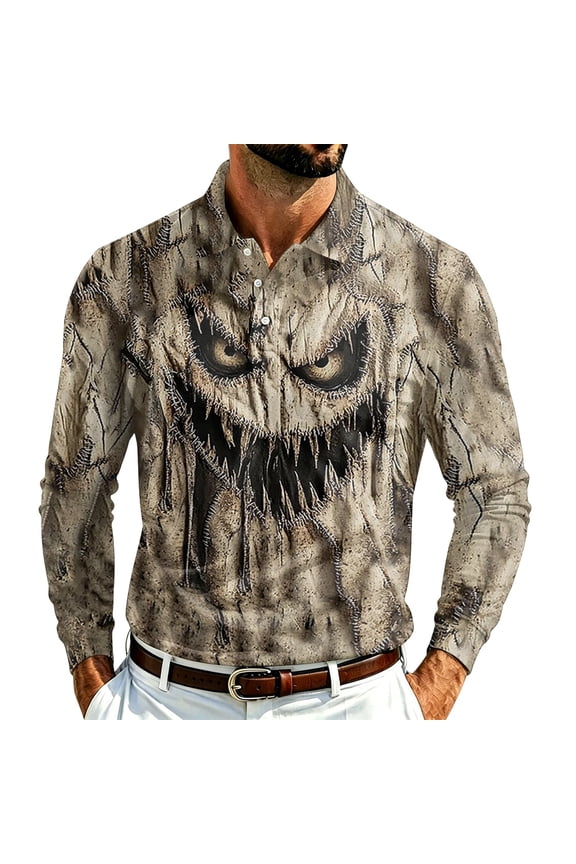 Mens Halloween Shirt V Neck Quick-Dry Pumpkin Trendy Tops Long Sleeve Skeleton 2026 Causal Shirt Lounge Fall Winter Spooky Shirts Coffee S