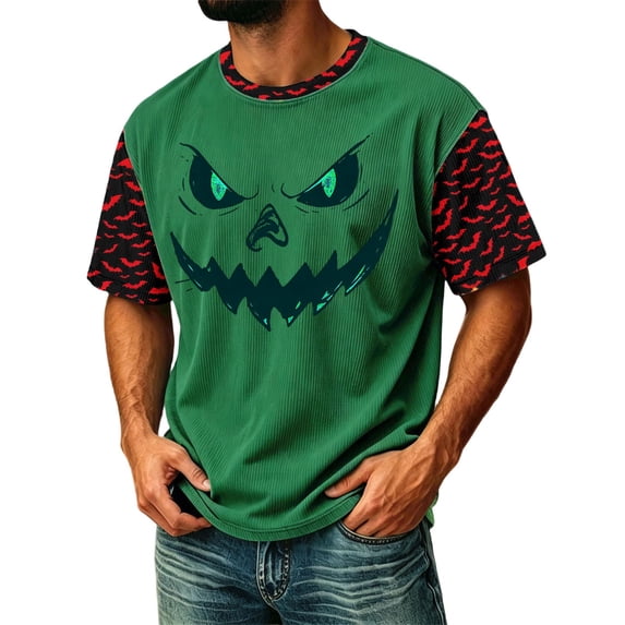 DORKASM Mens Halloween Shirts Short Sleeve Spooky Comfy Pullover Round Neck Funny Print Ghost Graphic Vacation Blouse Skeleton 2026 Causal T Shirt Green 2XL