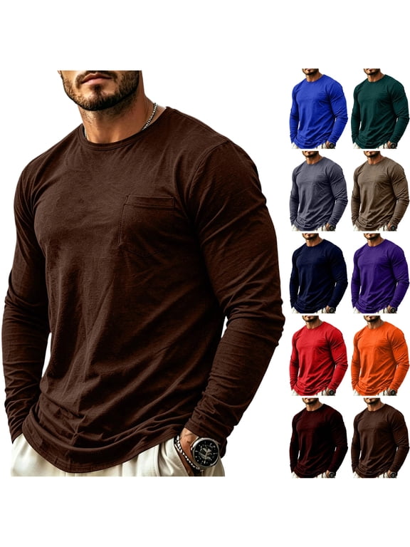 Mens Long Sleeve Tee Shirts Crew Neck Big and Tall Casual Tops Fall Winter Pull on Fashion Basic Shirt Lightweight Soft Tee with Pocket Brown M