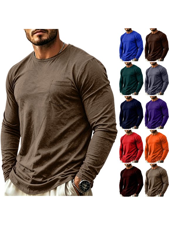 Mens Long Sleeve Tee Shirts Crew Neck Pull on Trendy Tshirt Fall Winter Slim Fit Soft Flowy Tops Lightweight Basic Blouses with Pocket Khaki S