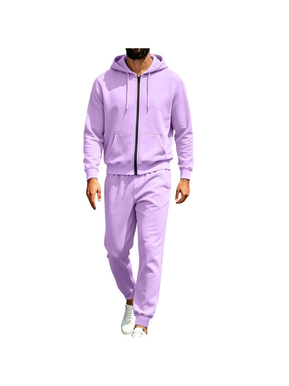 Mens Sweat Suit Solid Zip Up Hoodie Elastic Jogger Sweatpants with Pockets Light Purple S