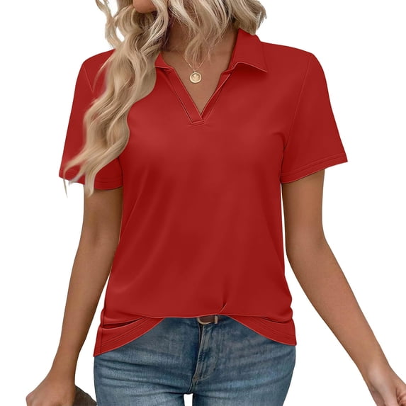 DORKASM Plus Size Collared Polo Shirts Summer Short Sleeve V Neck Business Tops for Women Red M