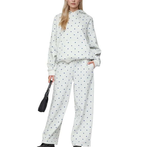 DORKASM Polka Dot Hoodie and Sweatpants Set for Women Beige M