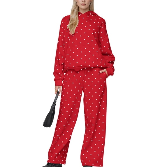 DORKASM Polka Dot Hoodie and Sweatpants Set for Women Red 2XL
