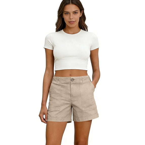 DORKASM Shorts for Women Bermuda Trendy Casual Summer High Waisted Wide Leg Shorts Ribbed Elastic Waist Comfy Beach Linen Shorts with Pockets Khaki M