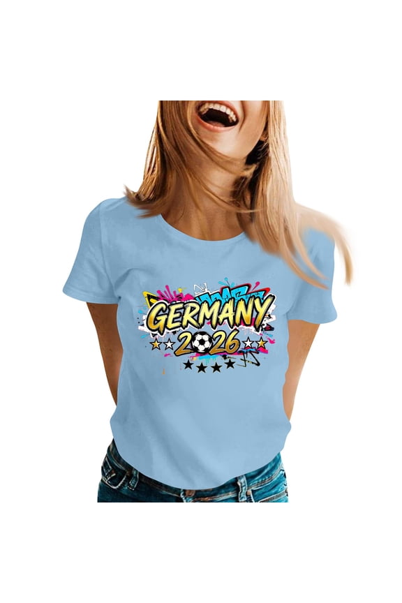 Soccer Cup Jersey for Women Crew Neck Y2k Trendy Shirt Short Sleeve Fashion National Emblem Detail 2026 Shirts Spain Brazil Argentina France Germany Portugal Light Blue 2XL
