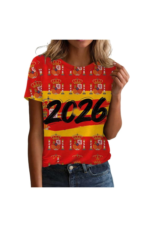 Soccer Jersey for Women Crew Neck Football Lounge Shirts Short Sleeve Classic National Flag Color Block Print 2026 Tops Spain Brazil Argentina France Germany Portugal Deep Red M