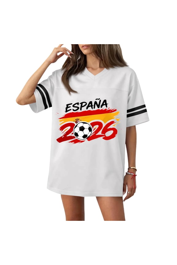 Soccer Jersey for Women Short Sleeve Football Vocation Shirts Crew Neck Summer Soccer Ball Graphic 2026 Tops Spain Brazil Argentina France Germany Portugal White XL