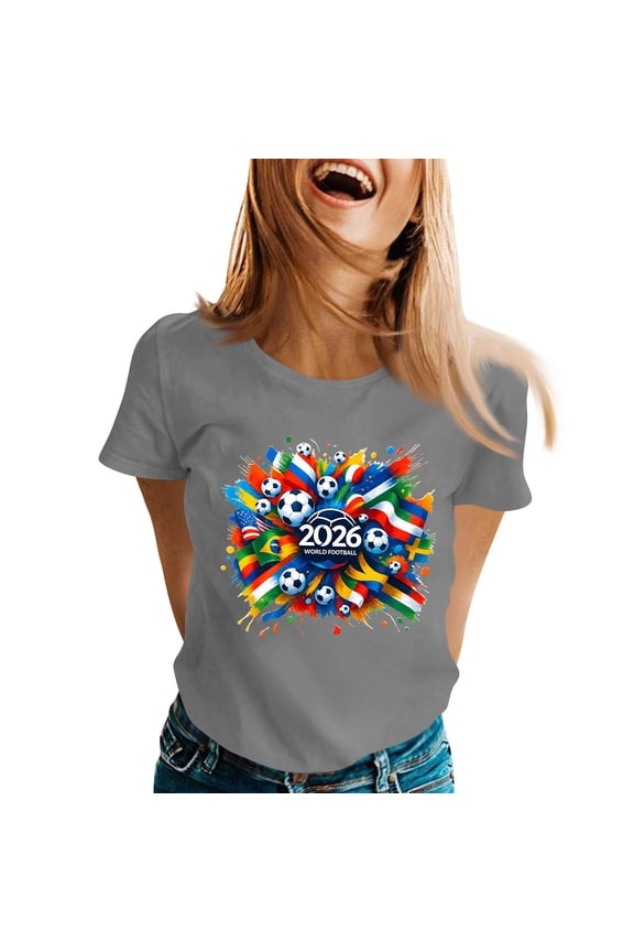 Soccer Jerseys for Women Crew Neck Y2k Trendy Shirts Short Sleeve Vocation National Flag Color Block Print 2026 Tops Spain Brazil Argentina France Germany Portugal Light Gray XL