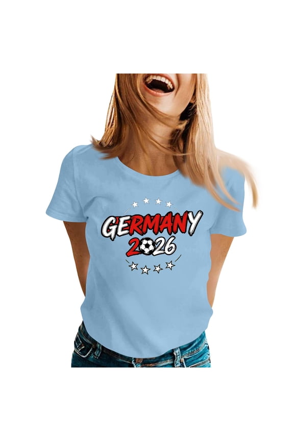 Soccer Jerseys for Women Short Sleeve Soccer Trendy Tops Crew Neck Casual Country Name Print 2026 Shirts Spain Brazil Argentina France Germany Portugal Light Blue 3XL