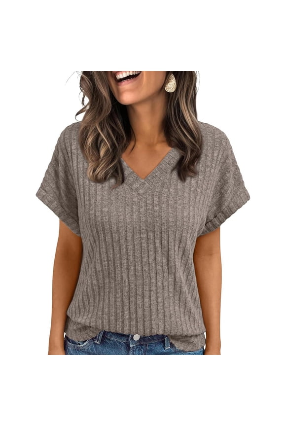 Summer Tops for Women 2026 V Neck Short Sleeve Shirts Dressy Casual Shirt Trendy Basic Blouses Camel L