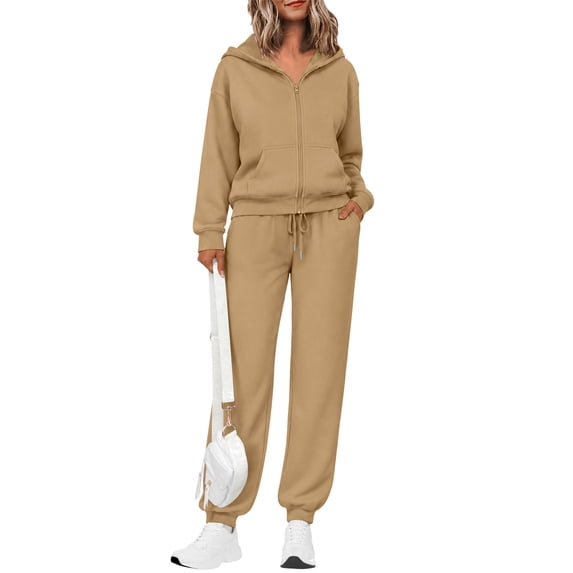 DORKASM Sweat Sets for Women 2 Piece Zip Up Sweat Pants and Hoodie Set Women fall Jogger Sweatpants Long Sleeve Tracksuit Camel XL