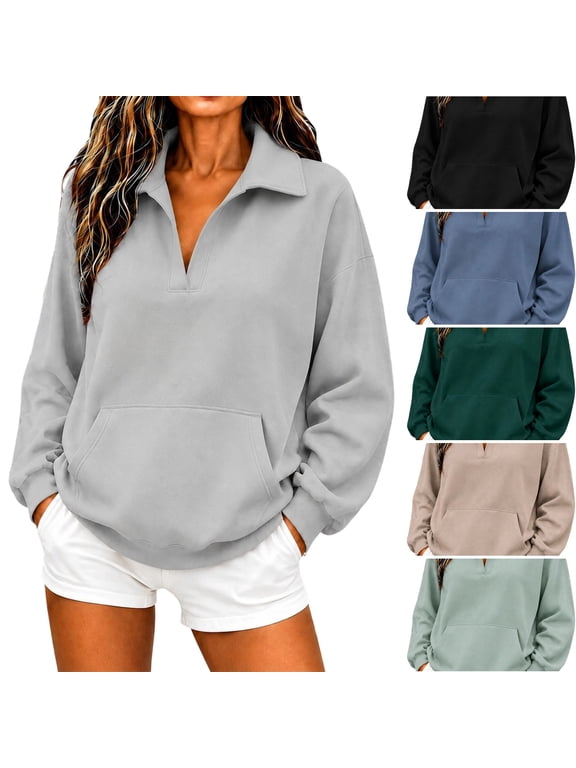 Sweatshirt for Women V Neck Long Sleeve Lightweight Tops Loose Fit Fashion Pullover Fall Winter Solid Color Comfy Sweatshirt Gray S