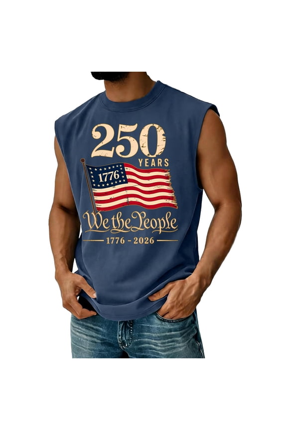 United States 250th Anniversary Tank Tops for Men Crew Neck American 250th Anniversary Printed Vintage Shirts Sleeveless Usa Star Stripes Freedom Tshirts Patriotic T Shirts Dark Blue XL