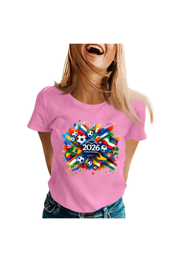Usa Soccer Cup Soccer Jersey 2026 for Women Short Sleeve National Emblem Detail Casual Tops Crew Neck Summer Soccer 2026 Shirts Spain Brazil Argentina France Germany Portugal Pink 2XL