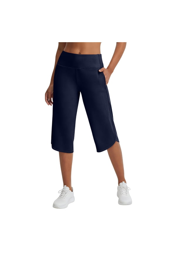 Women Capri Pants Straight Leg Stretch Beach Yoga Pants High Waist Casual Elastic Waist Trousers Quick Dry Lightweight 2026 Workout Pants with Pockets Navy L