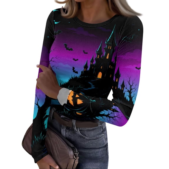 DORKASM Women Halloween Costumes Crew Neck Ghost Graphic Basic Pullover Long Sleeve Funny Print Pumpkin Vacation Blouse Skeleton 2026 Comfy Tops Purple Pink 3XL