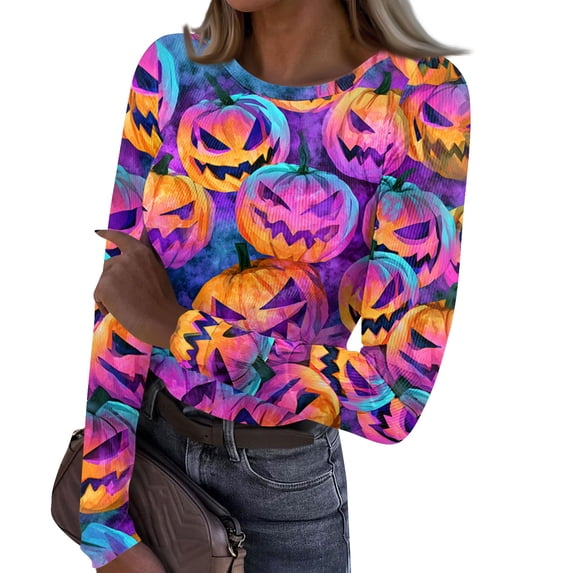 DORKASM Women Halloween Costumes Long Sleeve Spooky Comfy Tops Crew Neck Funny Print Pumpkin 2026 Sweatshirt Skeleton Vacation Trendy Shirt Dark Purple XL