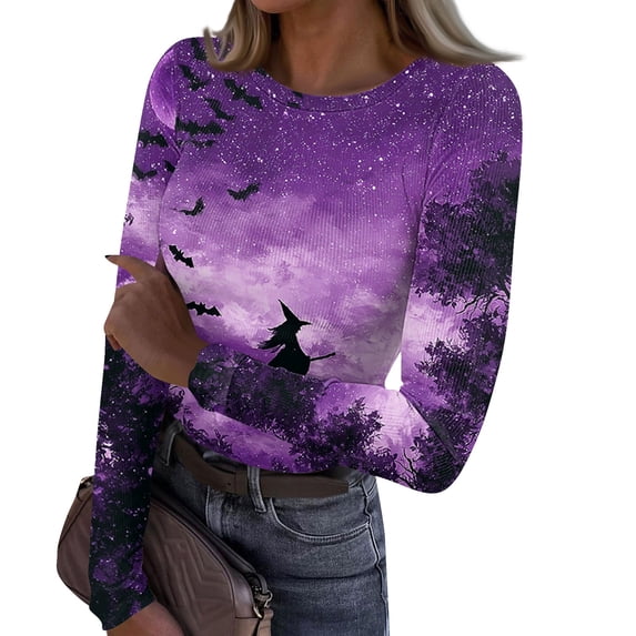 DORKASM Women Halloween Shirts Crew Neck Skeleton Basic Pullover Long Sleeve Funny Print Ghost Graphic 2026 Blouse Spooky Vacation Fashion Shirt Purple 2XL