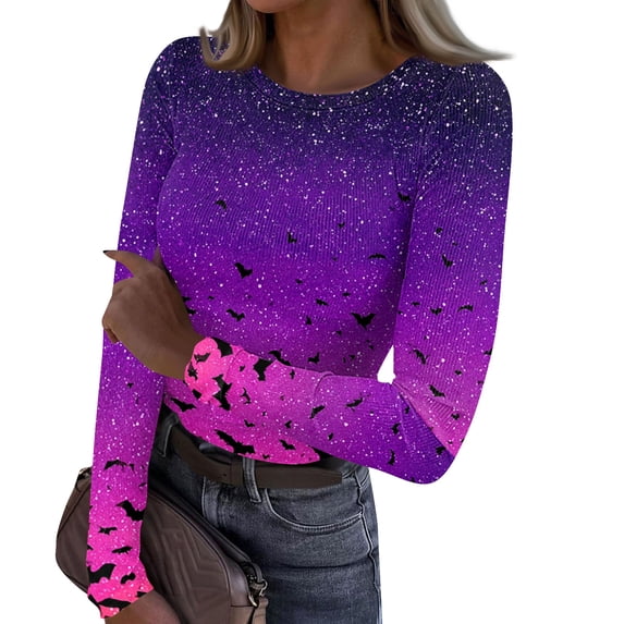 DORKASM Women Halloween Shirts Crew Neck Spooky Lounge Pullover Long Sleeve Skeleton Ghost Graphic Fall Winter T Shirt Funny Print 2026 Fashion Tops Purple M