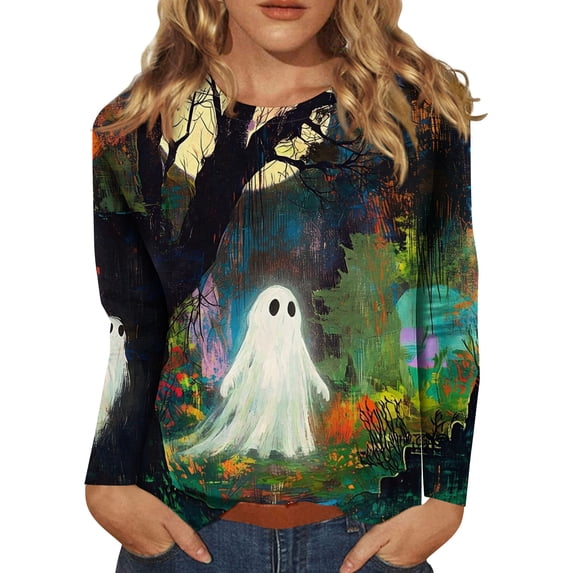 DORKASM Women Halloween Shirts Long Sleeve Pumpkin Causal T Shirt Round Neck Funny Print Ghost Graphic Vacation Shirt Skeleton 2026 Comfy Blouse Dark Green 3XL