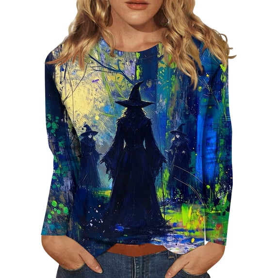 DORKASM Women Halloween Shirts Long Sleeve Skeleton Loose Tshirt Round Neck Ghost Graphic Pumpkin Vacation T Shirt Funny Print 2026 Trendy Shirt Dark Blue 5XL
