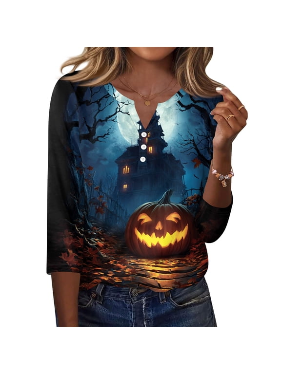 Women Halloween Shirts V Neck Loose Fit Funny Print Shirts 3/4 Sleeve Skeleton Spider Comfy Tee Skull Fashion Bat Shirt Blue S