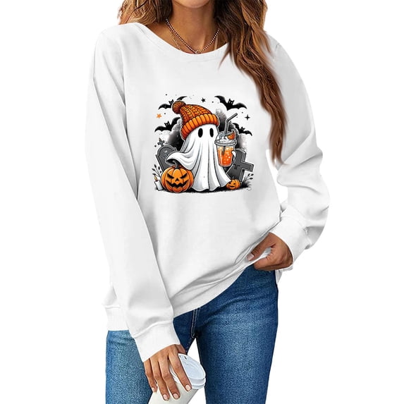DORKASM Women Halloween Sweatshirt Crew Neck Lounge Plus Size Funny Print Hoodies Long Sleeve Loose Fit Fashion 2026 Ghost Graphic Sweatshirt Fall Pumpkin Costumes White 3XL