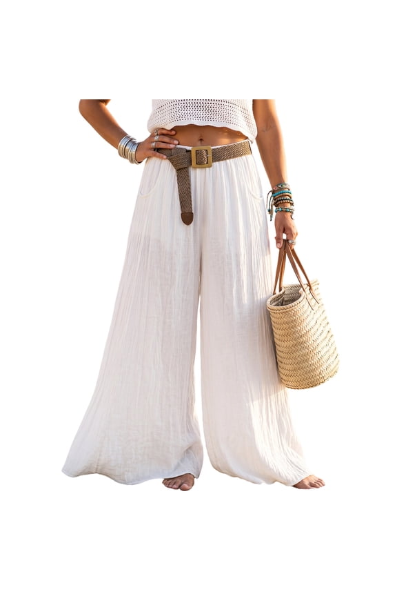 Women Plus Size Wide Leg Pants Elastic Waist Lounge Flowy Boho Palazzo Pants High Waist Ruffle Linen Beach Loose Fit Vocation Trousers White M