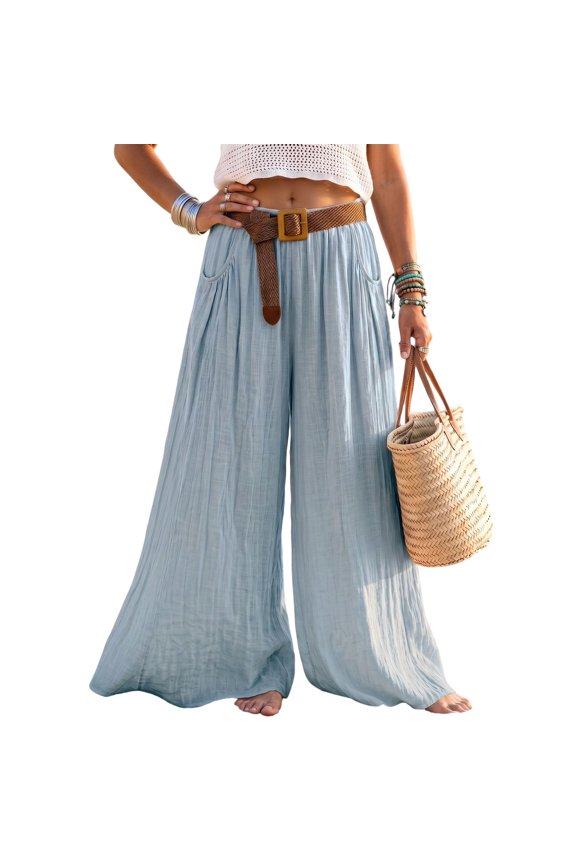 Women Plus Size Wide Leg Pants Elastic Waist Trendy Loose Fit Flowy Palazzo Pants High Waist Boho Causal Ruffle Linen 2026 Trousers Light Blue S