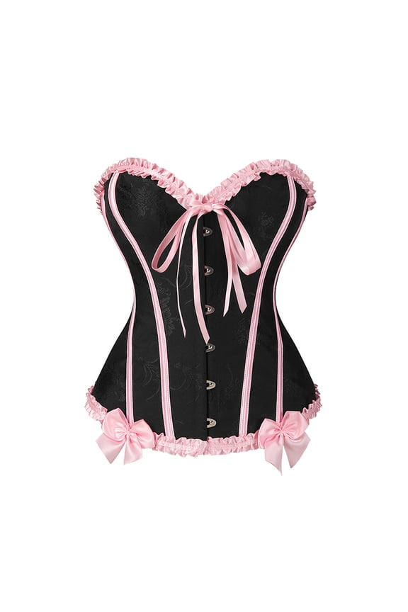 Women Vintage Retro Lace Up Bustier Waist Cincher Overbust Corset Top Pink S