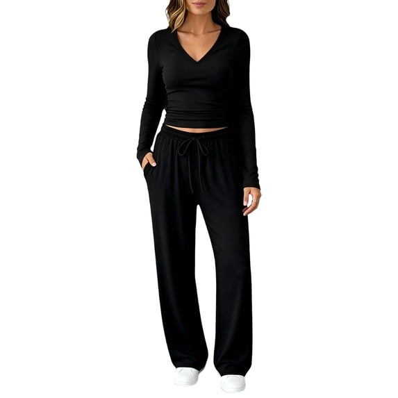 DORKASM Women's 2 Piece V Neck Long Sleeve Lounge Set Sweatsuits | Boho Lounge Sets for Women , Airport Travel Outfits, Comfy Athleisure Fall Winter Clothes ,wide Leg Palazzo Pants Black 2XL