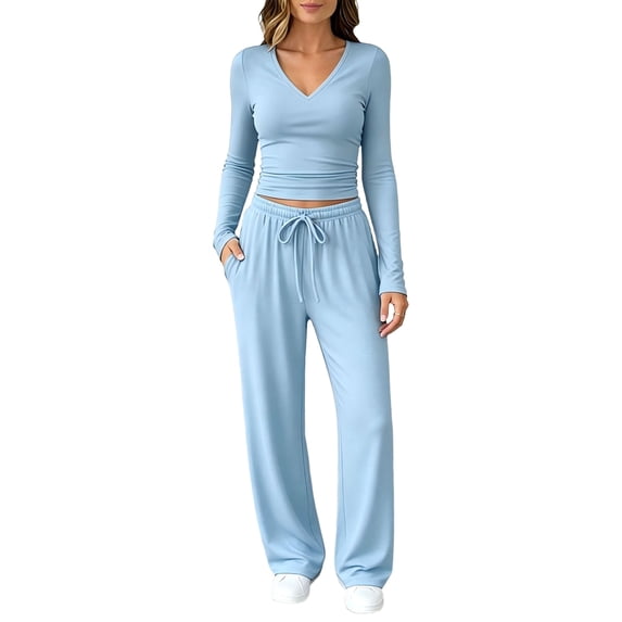 DORKASM Women's 2 Piece V Neck Long Sleeve Lounge Set Sweatsuits | Boho Lounge Sets for Women , Airport Travel Outfits, Comfy Athleisure Fall Winter Clothes ,wide Leg Palazzo Pants Light Blue M