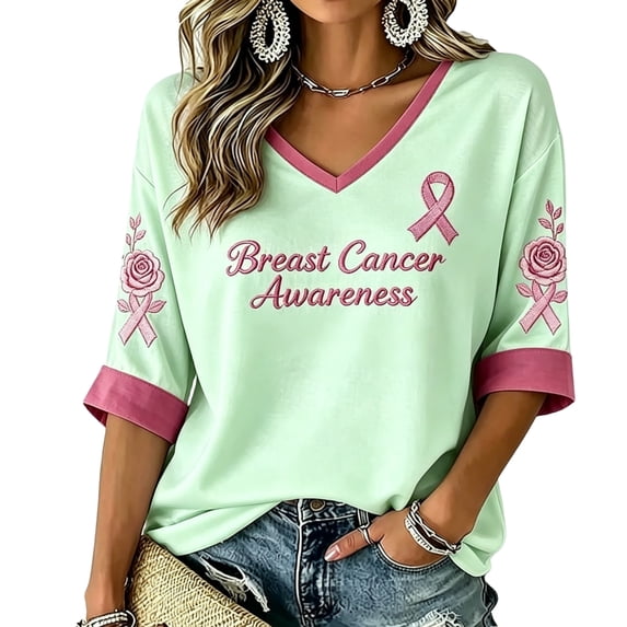 DORKASM Women's Breast Cancer Shirts 3/4 Sleeve Gifts Tee V Neck Cancer Survivor Soft Pink Ribbon Shirts Breast Cancer Awareness Comfy Shirt Green L
