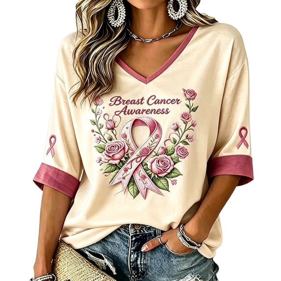 DORKASM Women's Breast Cancer Shirts 3/4 Sleeve Hope Love Wings Tops V Neck Breast Cancer Awareness Fashion Gifts Tee Pink Ribbon Lounge Shirts Yellow S