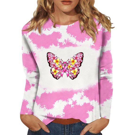 DORKASM Women's Breast Cancer Shirts Crew Neck Breast Cancer Awareness Shirt Long Sleeve Hope Love Wings Trendy Gifts Tee Pink Ribbon Comfy Tshirt Vermilion 3XL