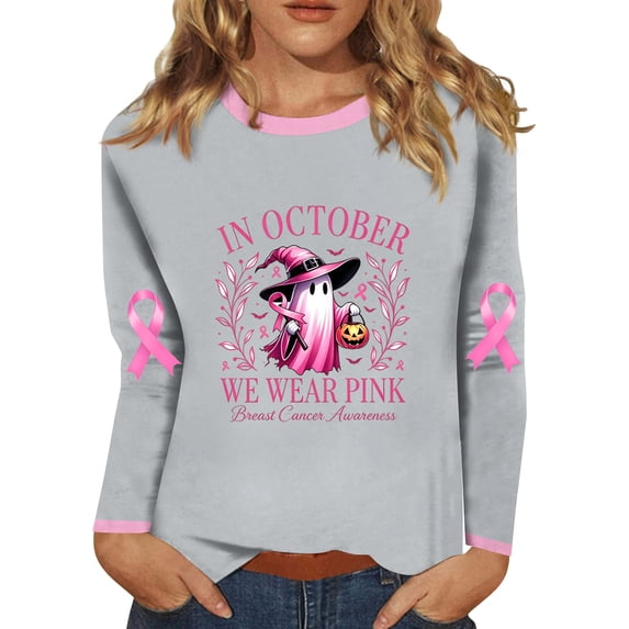 DORKASM Women's Breast Cancer Shirts Crew Neck Breast Cancer Awareness Tee Long Sleeve Cancer Survivor Fashion Gifts Tops Hope Love Wings Casual Shirt Gray 4XL